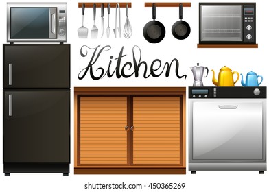 Kitchen full of equipment and furnitures illustration