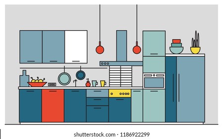 Kitchen full of modern furniture, household appliances, cookware, cooking facilities, equipment and home decorations. Elegant interior. Colorful vector illustration in trendy line art style.