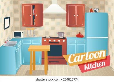 Kitchen Furniture Accessories Interior Cartoon Apartment House Room Retro Vintage Background Vector Illustration