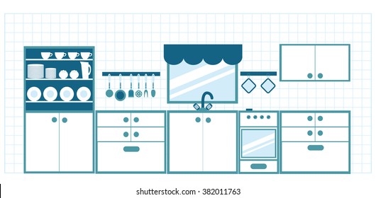 kitchen furniture in blue tones with different dishes, kitchen utensils and accessories
