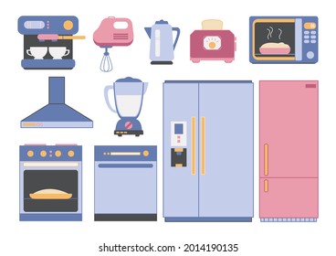 Kitchen furniture and cooking appliances set. Refrigerator, oven, mixer, toaster, coffee maker, etc. Pink and blue shades. Flat style vector illustration isolate.