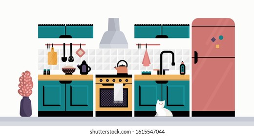 Kitchen with furniture. Cozy kitchen interior with dishes, stove and fridge. Flat style vector illustration