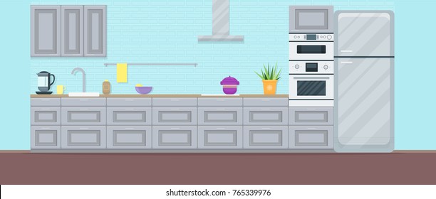 Kitchen with furniture. Cozy kitchen interior with dishes. Flat style vector illustration