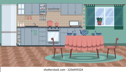 Kitchen with furniture. Cozy kitchen interior with stove, wardrobe, fridge, table and crockery. Flat style vector illustration. Kitchen appliances.