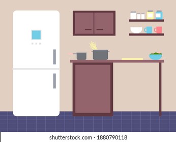 Kitchen with furniture. Cozy kitchen interior with table, stove, cupboard, dishes and fridge. Flat style dining room with refrigerator, part of the apartment where food is prepared vector illustration