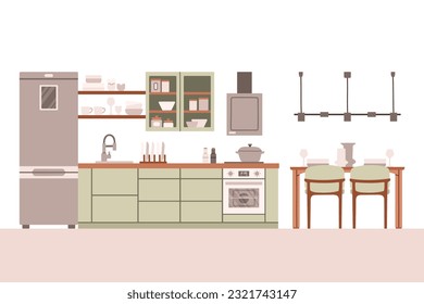 Kitchen with furniture. Cozy kitchen interior with table, stove, cupboard, dishes and fridge. Flat style vector.