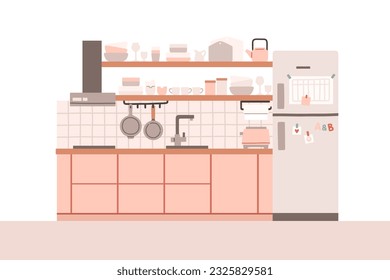 Kitchen with furniture. Cozy kitchen interior with table, stove, cupboard, dishes and fridge. Flat style vector.