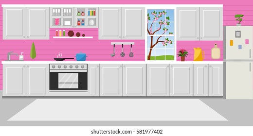 Kitchen with furniture. Cozy kitchen interior with table, stove, cupboard, dishes and fridge. Flat style vector illustration.  