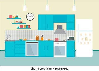 Kitchen with furniture. Cozy kitchen interior with table, stove, cupboard, dishes and fridge. Flat style vector illustration. EPS10