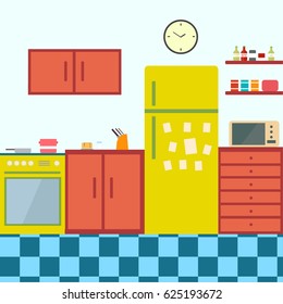 Kitchen with furniture. Cozy kitchen interior with table, stove, cupboard, dishes and fridge. Flat style vector illustration. EPS10