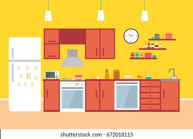Kitchen with furniture. Cozy kitchen interior with table, stove, cupboard, dishes and fridge. Flat style vector illustration.