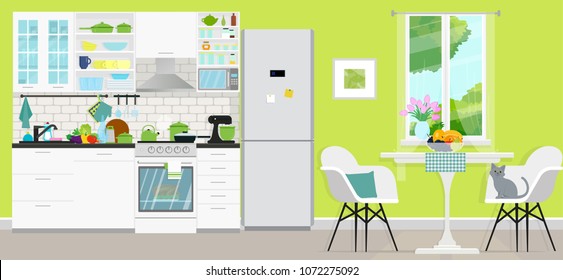 Kitchen with furniture. Cozy modern kitchen interior with table, stove, cooker hood, kitchen drawers. Vector illustration. Flat style.