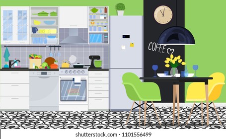 Kitchen with furniture. Cozy modern kitchen interior with table, stove, cooker hood, kitchen drawers. Vector illustration. Flat style.