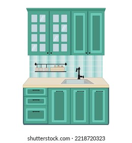 Kitchen with furniture, cupboard, sink and shelf isolated on white background. Modules for domestic room for designing. Working surface for cooking. Stock vector Illustration