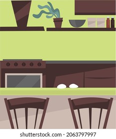 Kitchen with furniture and decoration, interior design at home. Table with food, stove and shelves with kitchenware. Houseplant and spices for cooking and preparing food. Vector in flat style