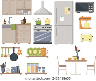 Kitchen furniture designer. A set of items and elements of kitchen utensils. Sink and stove, cabinets, table and chairs. Refrigerator, shelves with spices and cutlery. Microwave and toaster, mixer