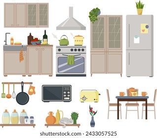 Diseñador de muebles de cocina. Un juego de utensilios de cocina. Elementos interiores. Fregadero y estufa, armarios, mesa y sillas. Frigorífico, estanterías con especias y cubiertos. Microondas y tostadora. Vector plano