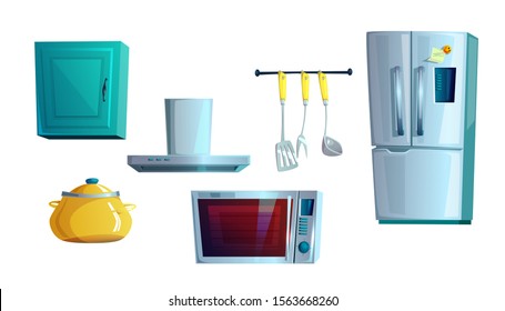 Kitchen furniture, elements set for interior creating, cartoon vector illustration. Modern refrigerators with electronic display, metal handles, magnet and note, microwave oven and cooker hood