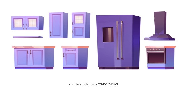 Kitchen furniture and equipment cartoon vector illustration set. Modern cooking cabinets and drawers, large refrigerator, stove with oven and extractor hood. Interior elements and appliances.