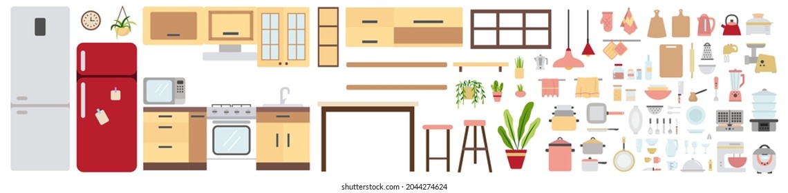 Kitchen furniture and equipment set. Collection of home kitchen tools and technique. Household kitchenware, appliances and interior elements. Isolated flat vector illustration