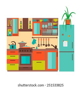 Kitchen with furniture. Flat style vector illustration.