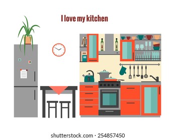 Kitchen with furniture. Flat style vector illustration.