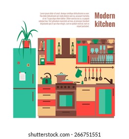 Kitchen with furniture. Flat style vector illustration.