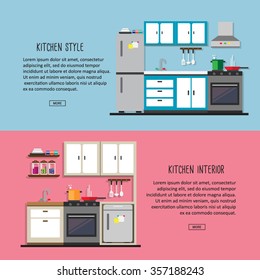 Kitchen with furniture. Flat style vector illustration.