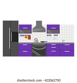 Kitchen with furniture. Flat style vector illustration.