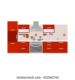 Kitchen with furniture. Flat style vector illustration.