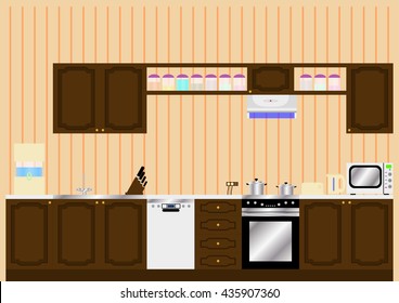 Kitchen with furniture. Flat style vector illustration.