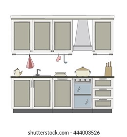 Kitchen with furniture. Flat style vector illustration. (Can be used as texture for cards, invitations, DIY projects, web sites or for any other design.)