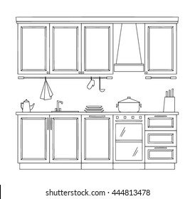 Kitchen with furniture. Flat style vector illustration outline. (Can be used as texture for cards, invitations, DIY projects, web sites or for any other design.)