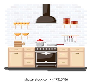 Kitchen with furniture Flat style vector illustration.  Cartoon style for web, analytics, graphic design cuisine  interior in realistic style with cabinets shelves utensils oven and cooker hood .