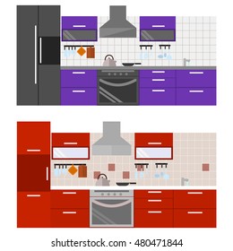 Kitchen with furniture. Flat style vector illustration.