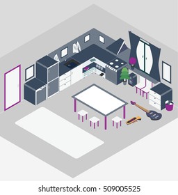 Kitchen with furniture. Flat style vector illustration. Isometric style kitchen with guitar.