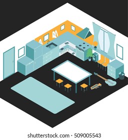 Kitchen with furniture. Flat style vector illustration. Isometric style kitchen with mess.