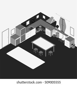 Kitchen with furniture. Flat style vector illustration. Isometric style kitchen. Black and white.
