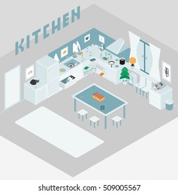Kitchen with furniture. Flat style vector illustration. Isometric style kitchen with mess.