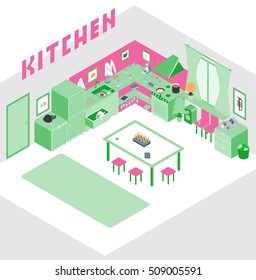 Kitchen with furniture. Flat style vector illustration. Isometric style kitchen with mess.