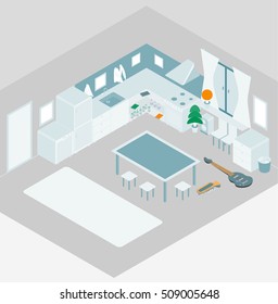 Kitchen with furniture. Flat style vector illustration. Isometric style kitchen with music instruments