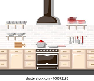 Kitchen with furniture Flat style vector illustration. Cartoon style for web, analytics, graphic design cuisine interior in realistic style with cabinets shelves utensils oven and cooker hood