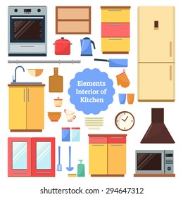 Kitchen furniture of house. Set of elements in a flat style. Elements of the interior kitchen
