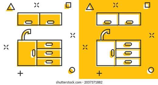 Kitchen furniture icon in comic style. Cuisine cartoon vector illustration on white isolated background. Cooking room splash effect business concept.