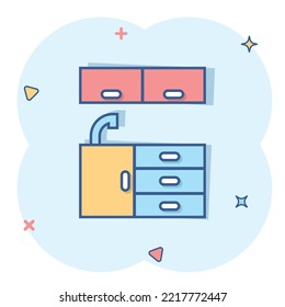 Kitchen furniture icon in comic style. Cuisine cartoon vector illustration on white isolated background. Cooking room splash effect business concept.