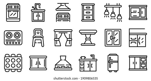 Kitchen furniture icons set. Outline set of kitchen furniture vector icons for web design isolated on white background