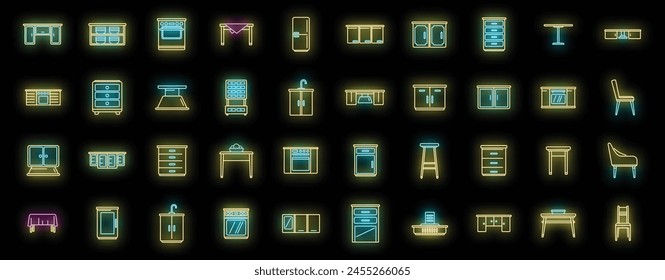 Kitchen furniture icons set outline vector. Apartment comfort. Fridge dinning neon color on black