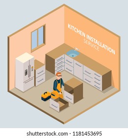Kitchen furniture installation service concept. Vector isometric cutaway kitchen interior with worker installer assembling kitchen cabinets.