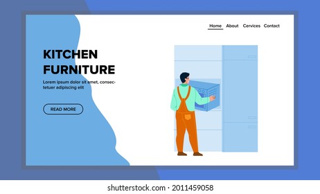 Mobiliario De Cocina Instalando Vector Serviceman. Handyman Instalar Horno Eléctrico En Muebles De Cocina, Trabajador De Servicio. Ilustración de caricatura plana web de ocupación profesional de caracteres
