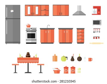 Kitchen furniture interior, appliances, objects and kitchenware flat design icons set. vector illustration